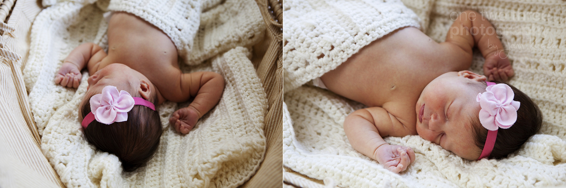 Leah sleeps on the crocheted baby blanket in a wicker basinet