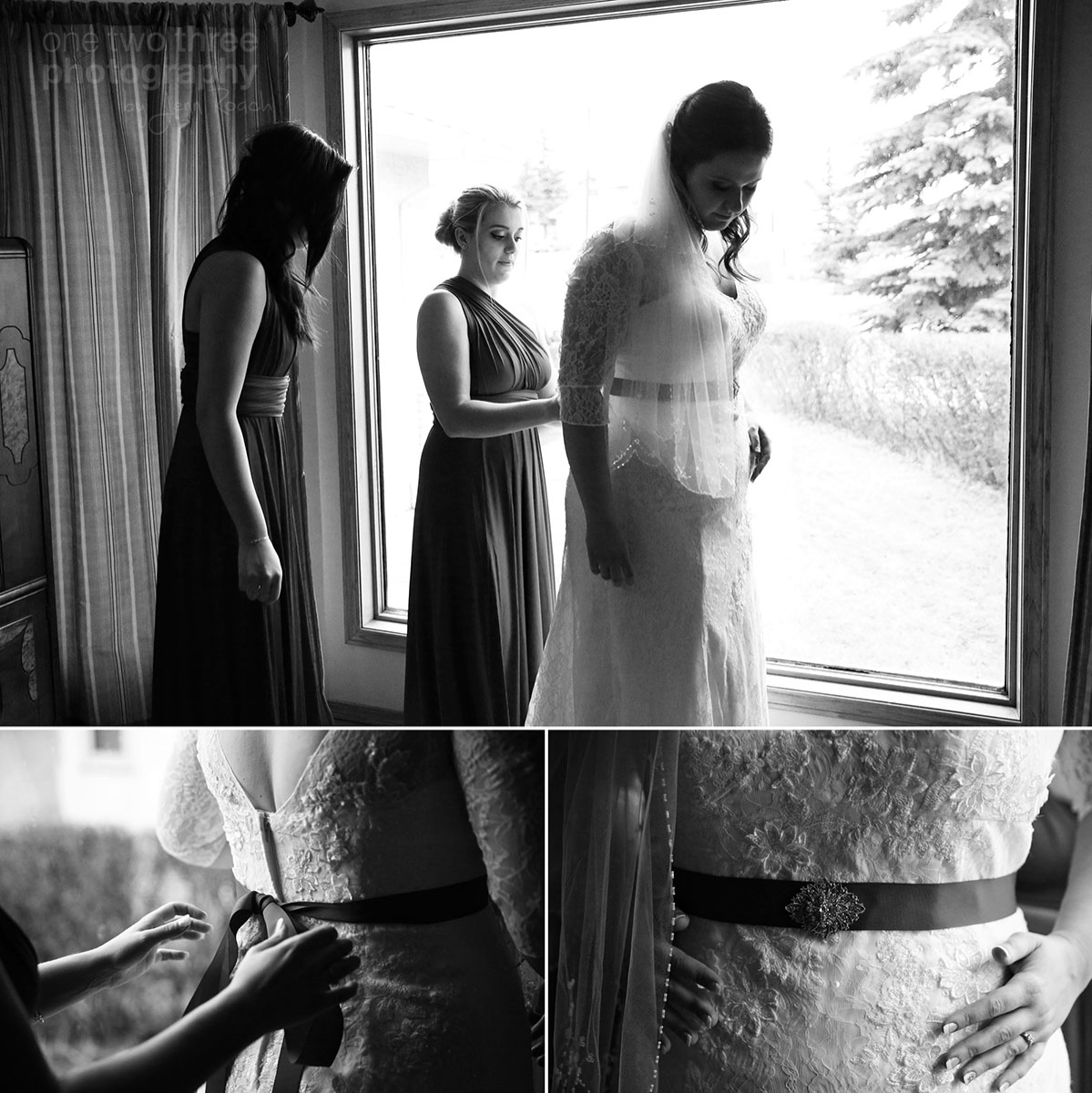 008 Bride getting her dress on with the help of her friends
