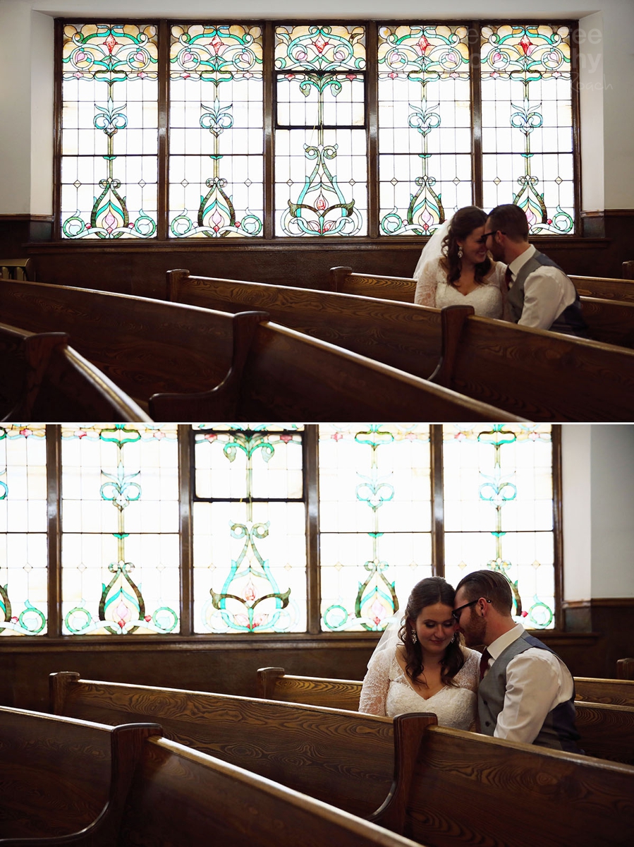 049 Wedding Photos inside First Baptist Church with stained glass windows