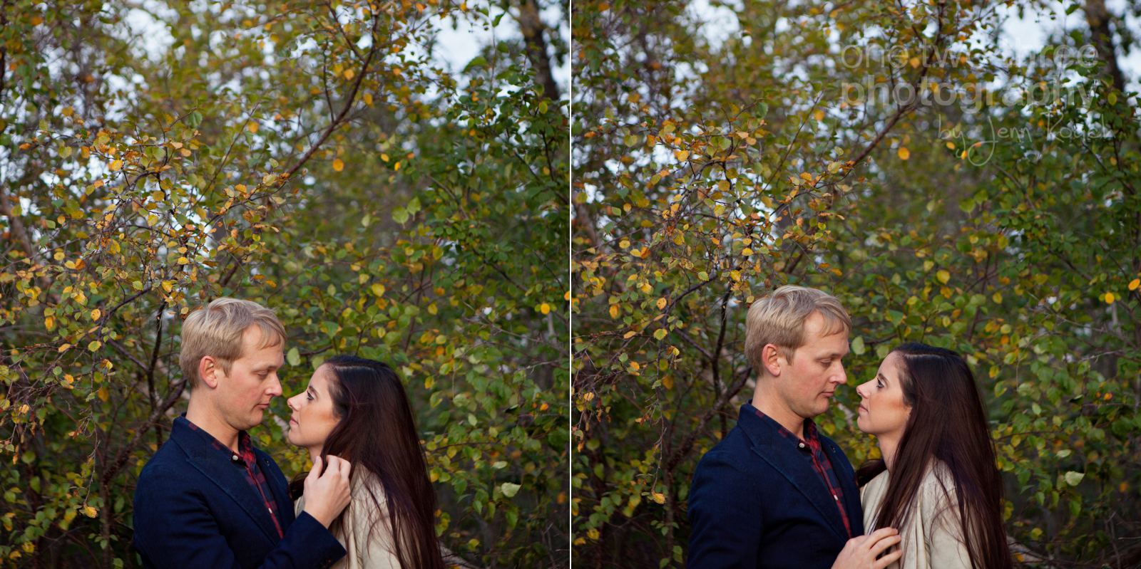 Fall leaves as a backdrop to James and Kristen