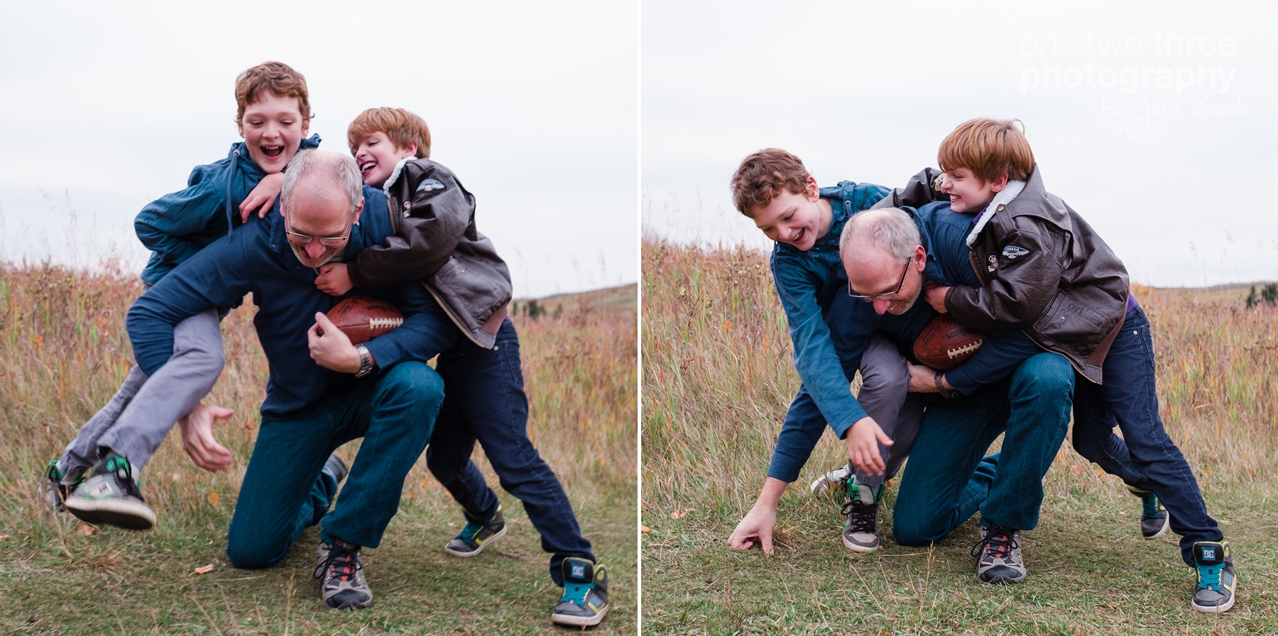 Father and his two sons tackle each other while playing football